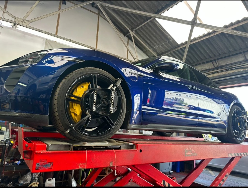 Wheel alignment being carried out in the Kingsbury workshop